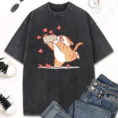 Estate Colleziona Amore Cartone Animato Gatto Stampa Lavato Vintage T-shirt Uomo e Donna Estate Abbigliamento Casual Moda T-shirt