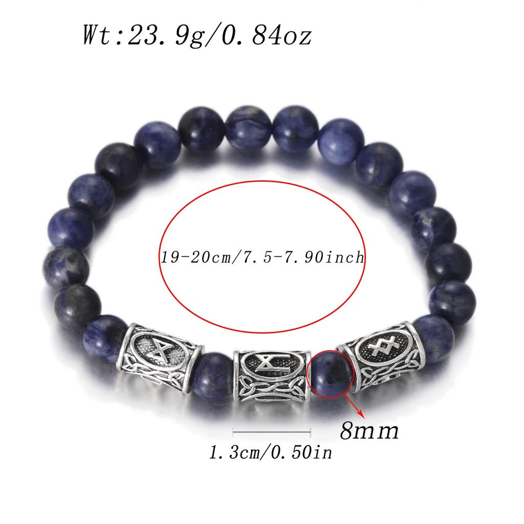Viking Men Bracelet Norse Runes Stone 8mm Natural Jade Sodalite Turquoise Lava Beads Jewelry Bangles Homme Pulseras