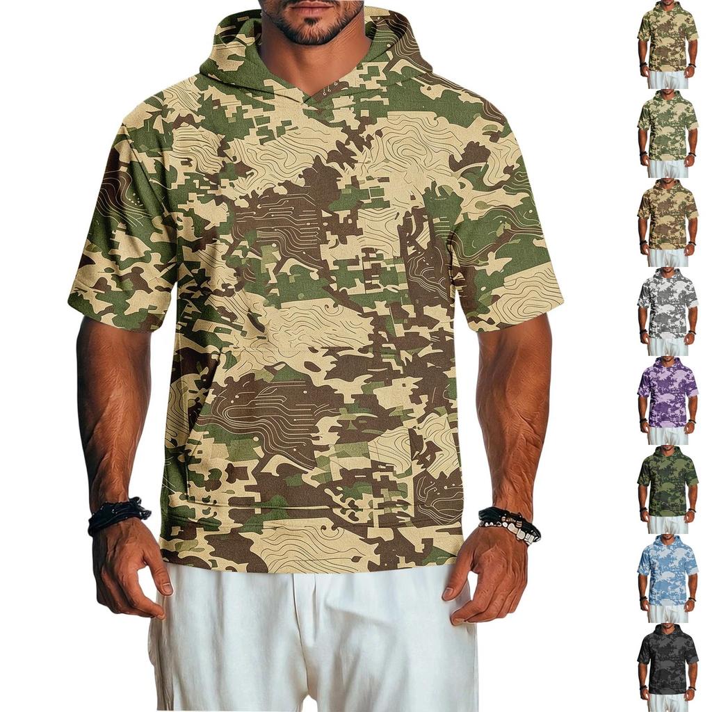 Men's Casual Retro Lightweight Short Sleeve Hooded Sweatshirt Camouflage Print