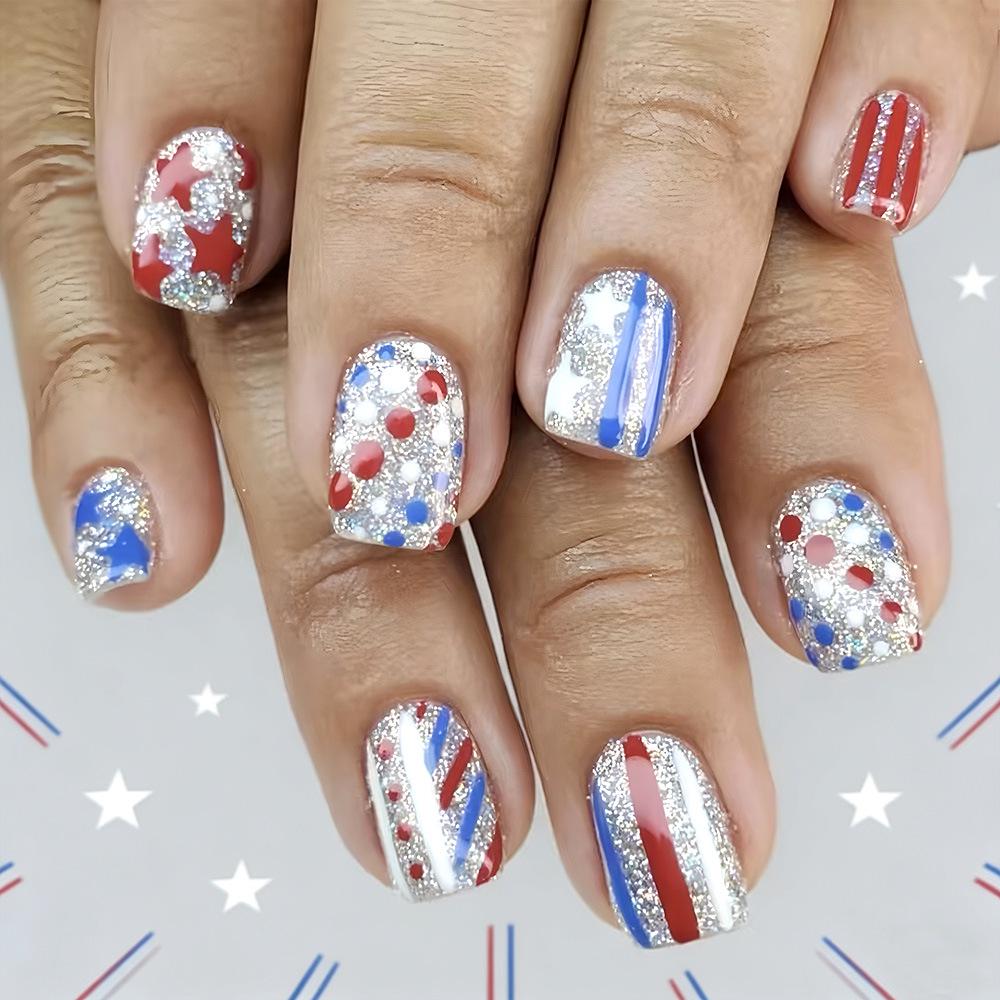 24-Piece Sparkly Matte Blue & Red Star Stripe Nails for Independence Day