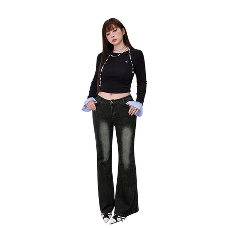 

UNIFREE Women s V-Waist Washed Flare Denim Pants XL