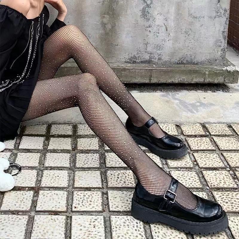 Women'S Fashion Sexy Rhinestone Pantyhose High Elastic Mesh Hollowed Out Black Stockings Girls' Slim Fishing Net Tights Jk Gift