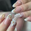 24Pcs Yellow French Full Cover Nails Tips Mid-length Almond Detachable False Nails 3D Flower Pearl Starburst Press on Fake Nails