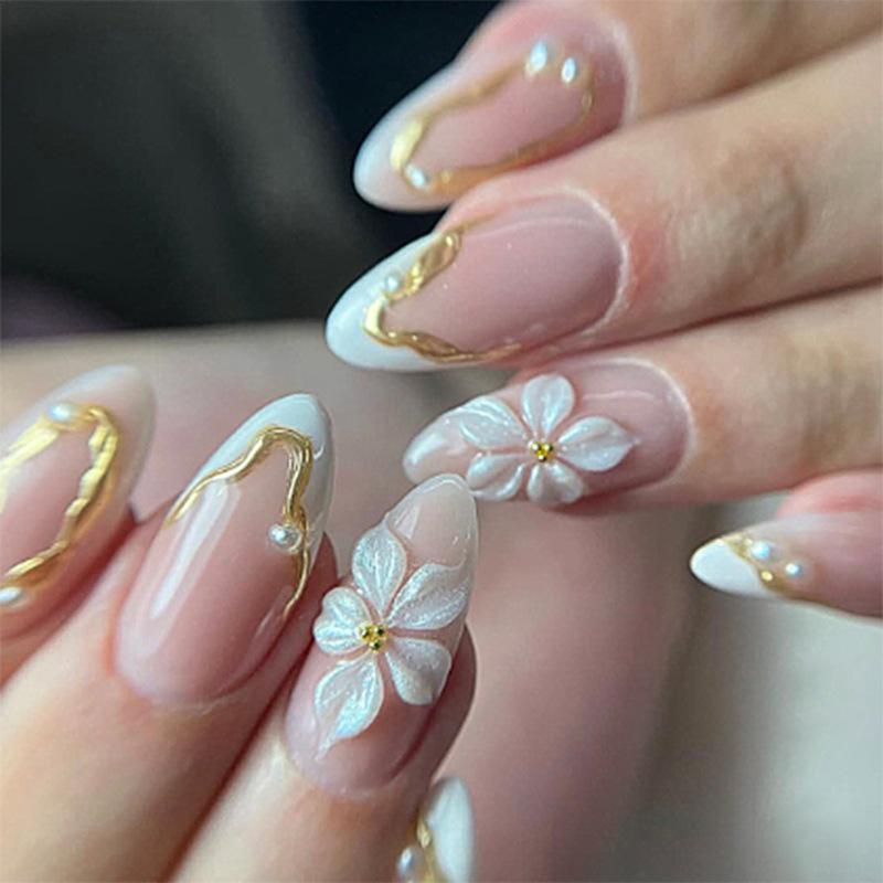 24Pcs Yellow French Full Cover Nails Tips Mid-length Almond Detachable False Nails 3D Flower Pearl Starburst Press on Fake Nails