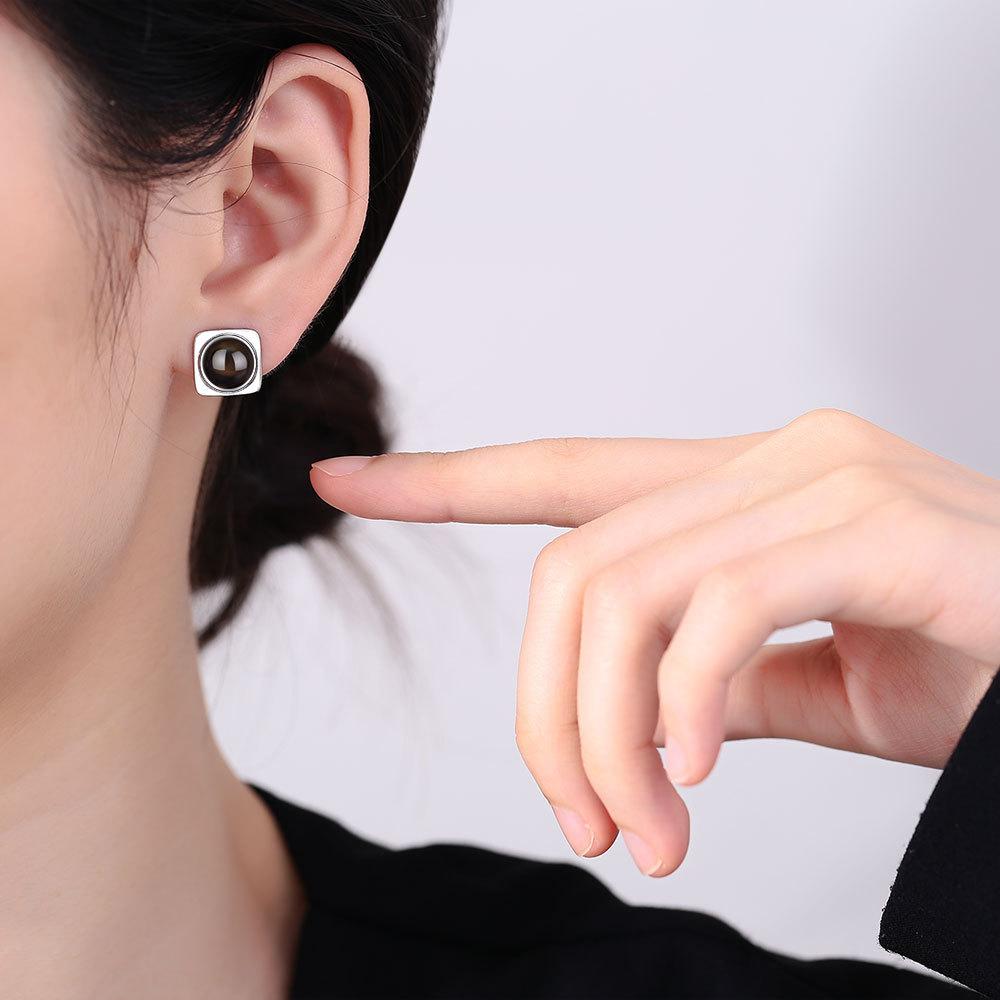 Square-shaped Black Agate Earrings Women's Personality Retro Simple Earrings