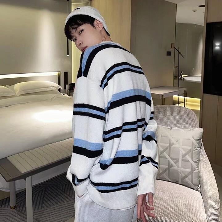 Men's Striped Knit Sweater – Autumn/Winter Round Neck Loose Fit Long Sleeve T-Shirt Hoodie