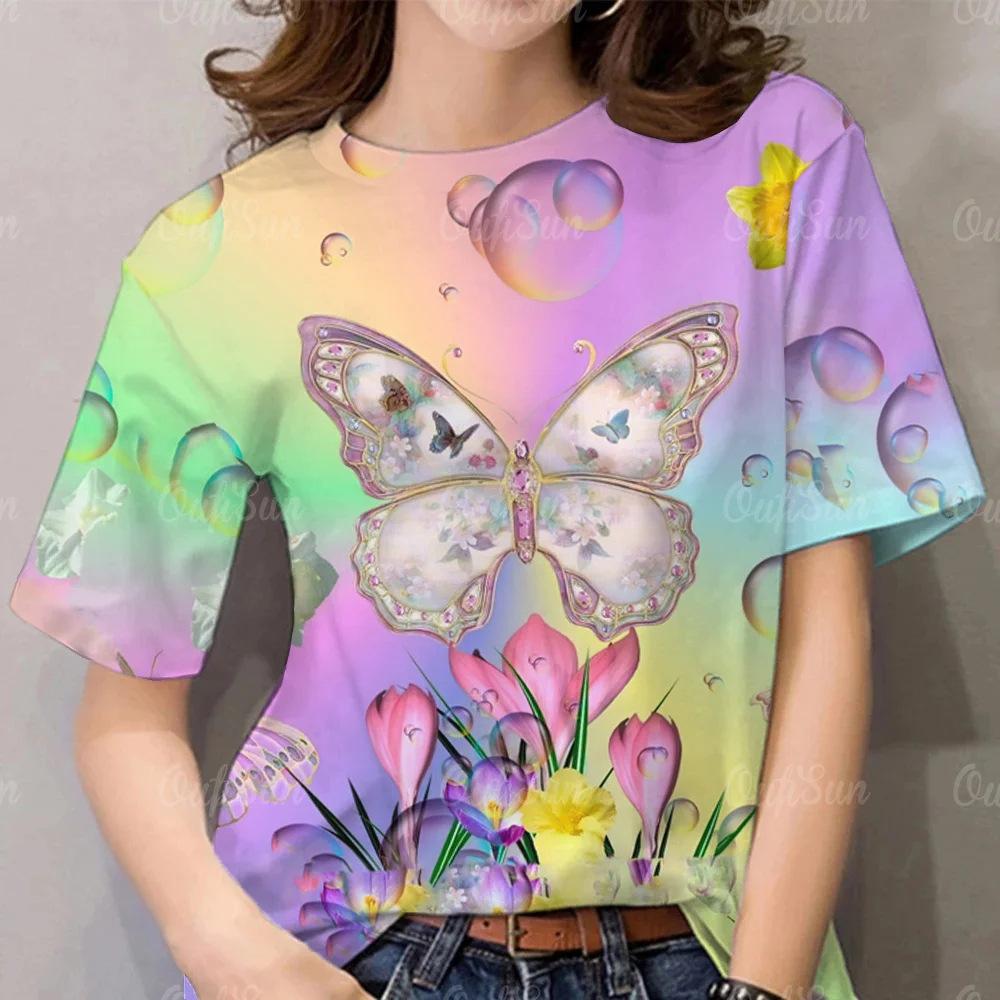Summer Round Neck 3D Butterfly Pattern Print Top Fashionable Casual Short Sleeved Women's T-shirts