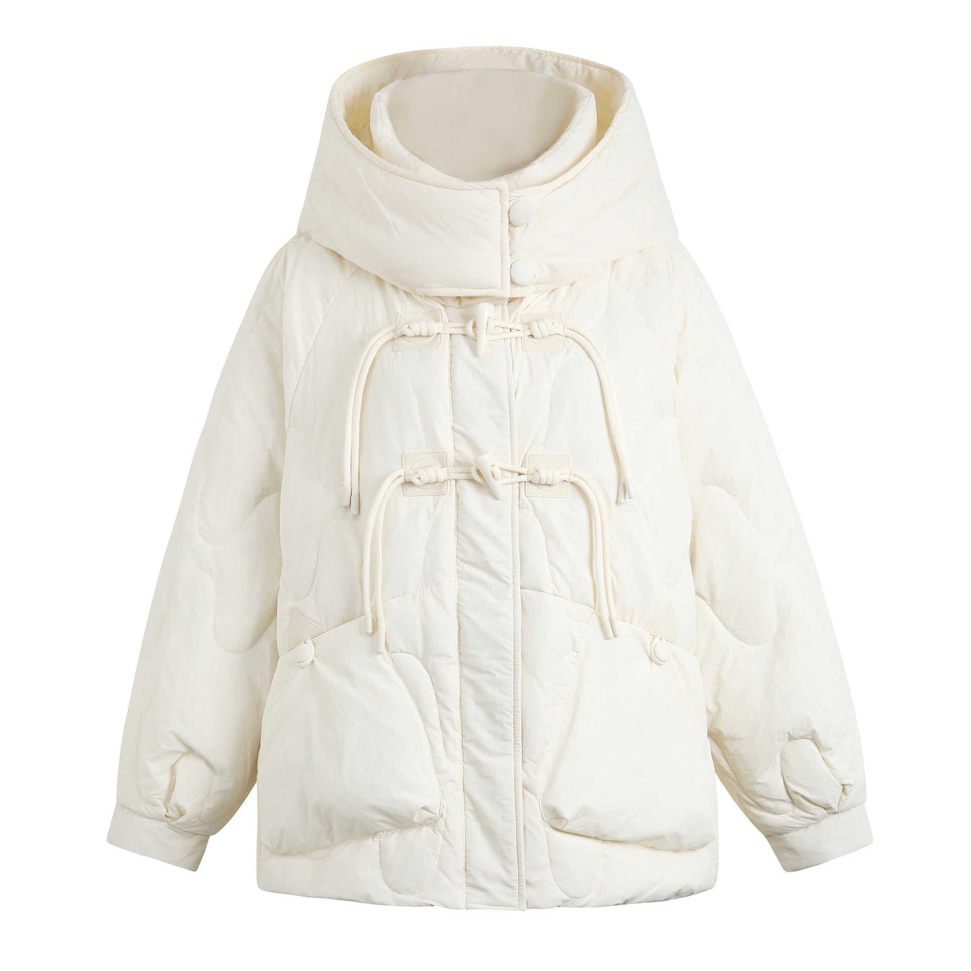 

Женская куртка большого размера с капюшоном на белом утином пуху с китайской застежкой-лягушкой - Утепленная и теплая 5XL (210-230 lbs) кремовый/белый