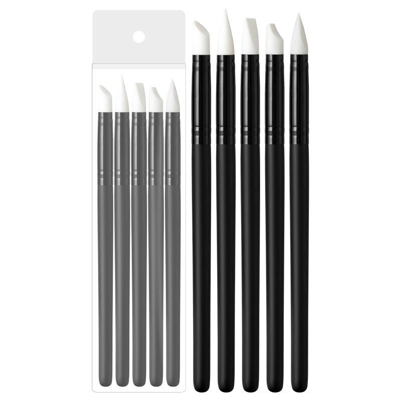 5-Piece Nail Art Tool Set: White Silicone Pen, Small Head Embossing Pen, Black Handle Carving & Painting Pen