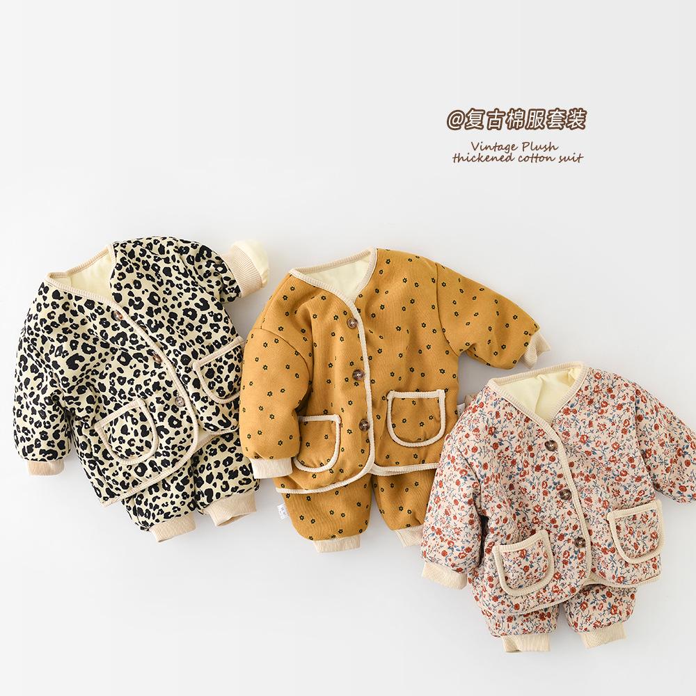 Korean Winter Children Girls 2PCS Clothes Cotton Thicken Floral Border Kid Jogger Pants Suit Long Sleeve Single Breasted Outfit
