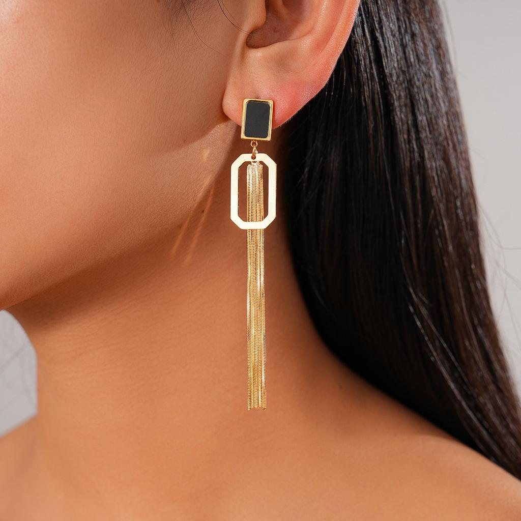 18K real gold electroplated rectangular tassel silver needle earrings ins earrings.