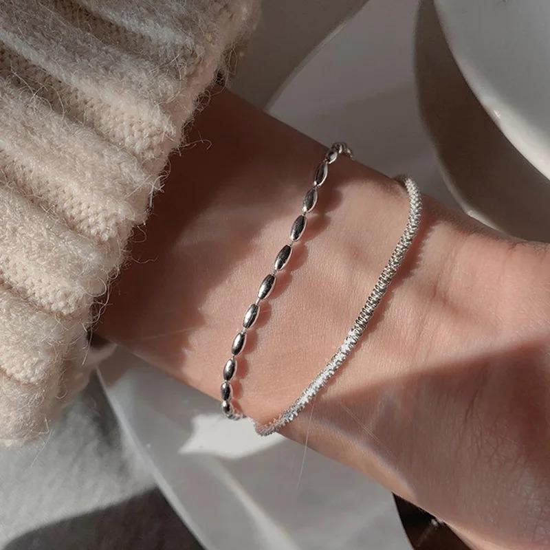 Funkelnde doppelreihige Armbänder für Damen Mädchen Vintage 925 Sterling Silber Kleine Perlen Kette Armband Tägliches Tragen Zirkon Geschenke