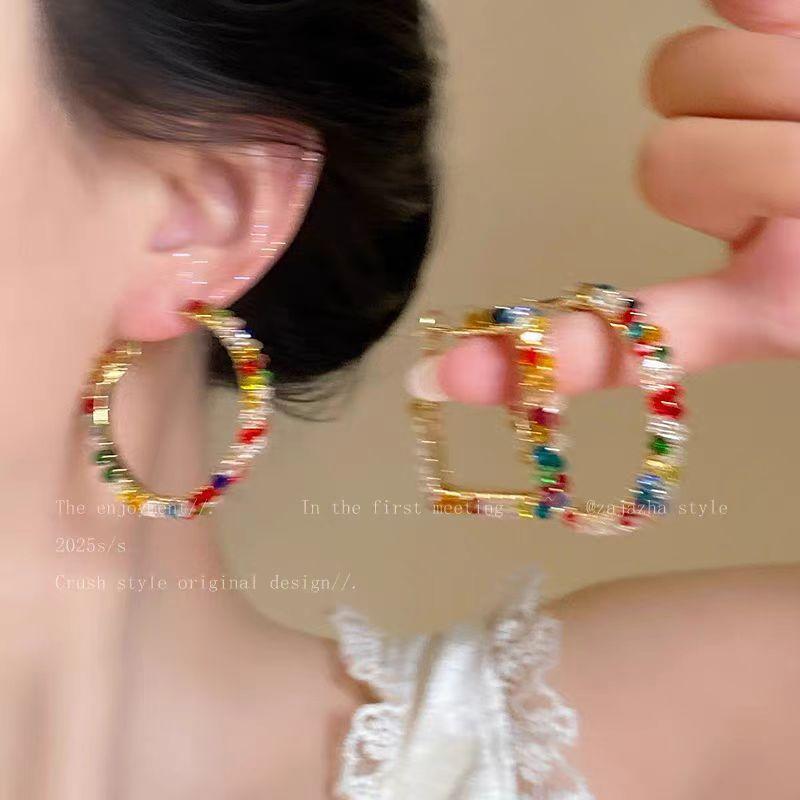 Color Crystal Earrings 2025 New Super Fire Exaggerated Vacation Style Premium Earrings Summer Dopamine Loop Earrings