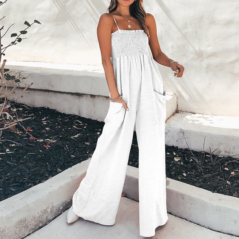 2026 Spring New European and American Women s Fashion Solid Color Ruched Strapless Simple Slimming High-Waisted Jumpsuit White S