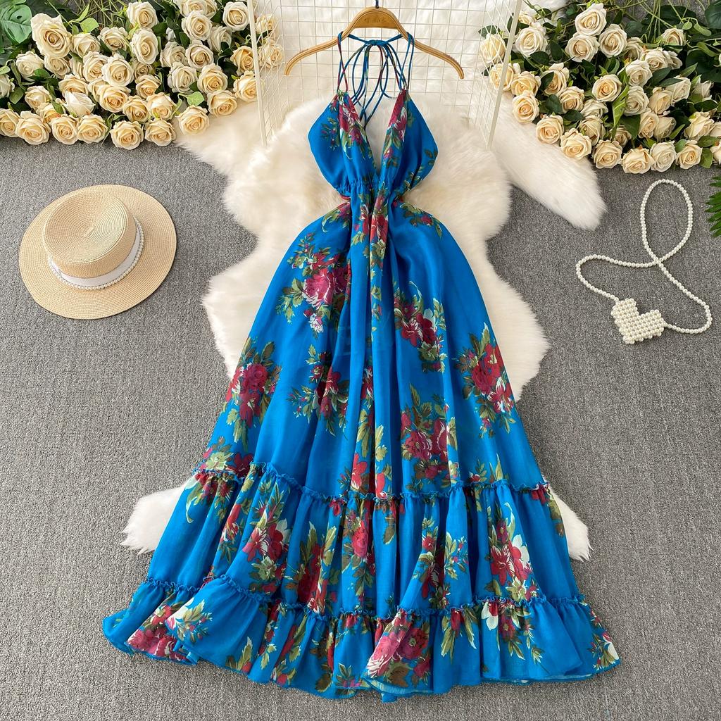 Summer Women Sexy V-neck Halter Open Back Print Long Maxi Holiday Beach Dresses