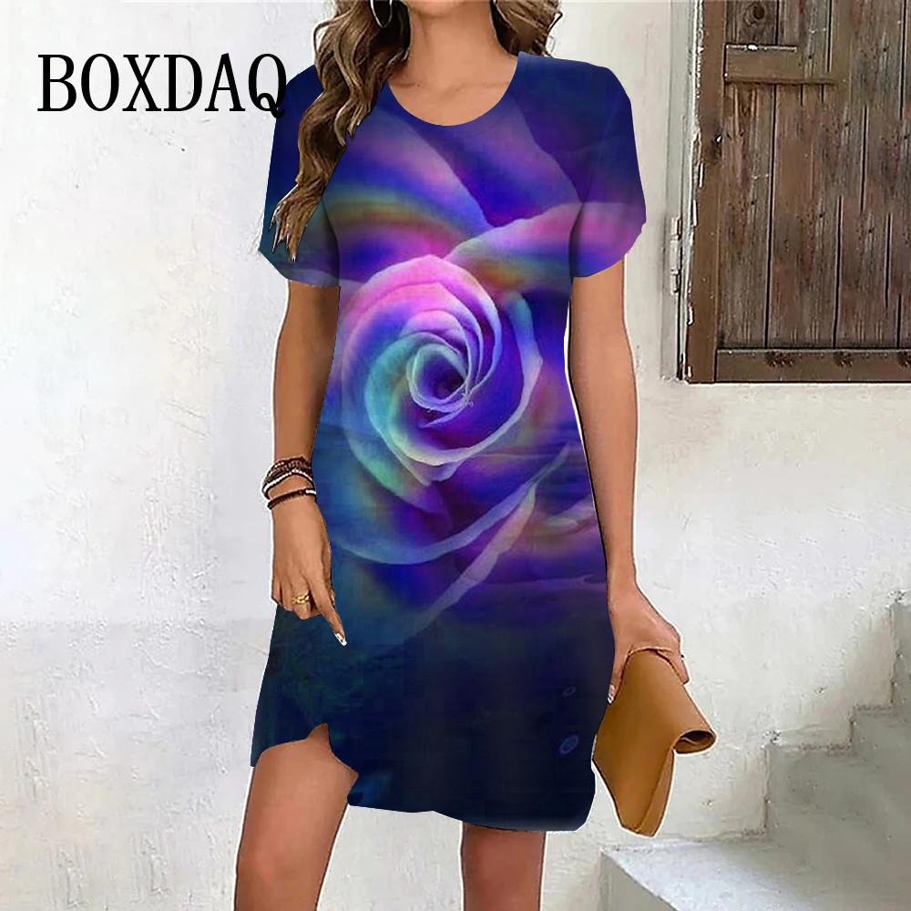 Pink gradient floral print women's dress, party casual mini skirt, Valentine's Day gown, summer new style