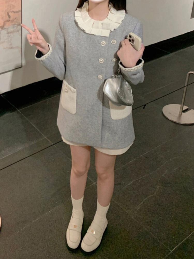 French Gray Elegnat Mid-length Warm Jacket Women's Autumn Winter Princess Sweet Clothes Thickened Design Causal Coat Party 2024