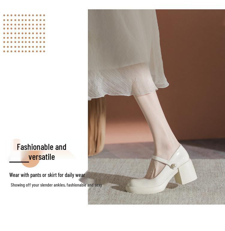White Chunky Sole Mary Janes - Women's Spring/Autumn 2025 High-Heel Elevating Leather Shoes