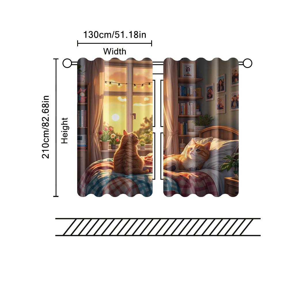 Set Of 2 Filtering Curtains Excluding Rods Non Movable Without Batteries Cute Cartoon Cat Use Bedrooms Living Rooms Curtain For Area Made Polyester