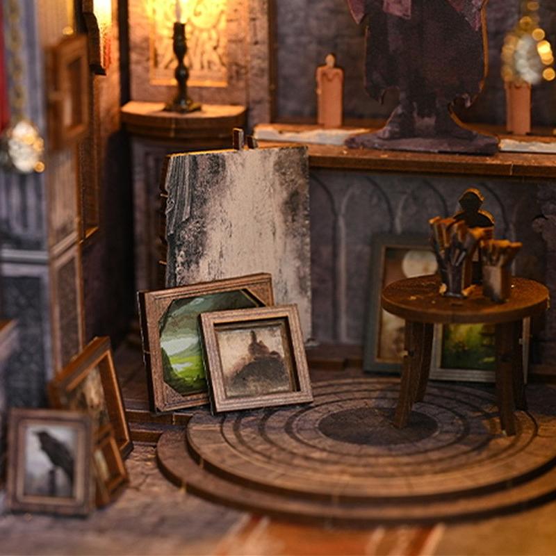 Bookshelf Set Micro Assembly Model Gothic Architecture Doll House DIY Handmade Toy Set with Lights For Adult Biethday Gifts