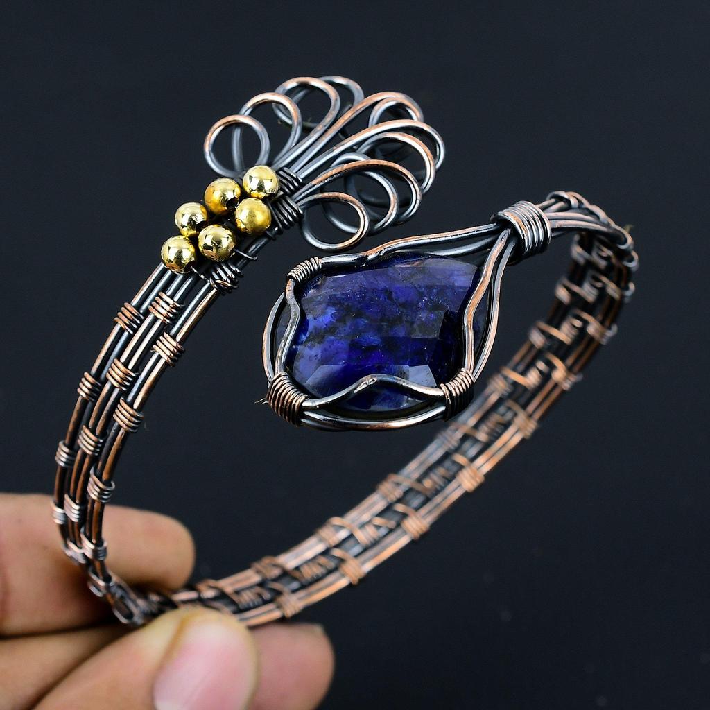 Blue Sapphire Bangle, Handmade Gemstone Bangle, 999 Copper Wire Wrapped Antique Jewelry, For Engagement Gift