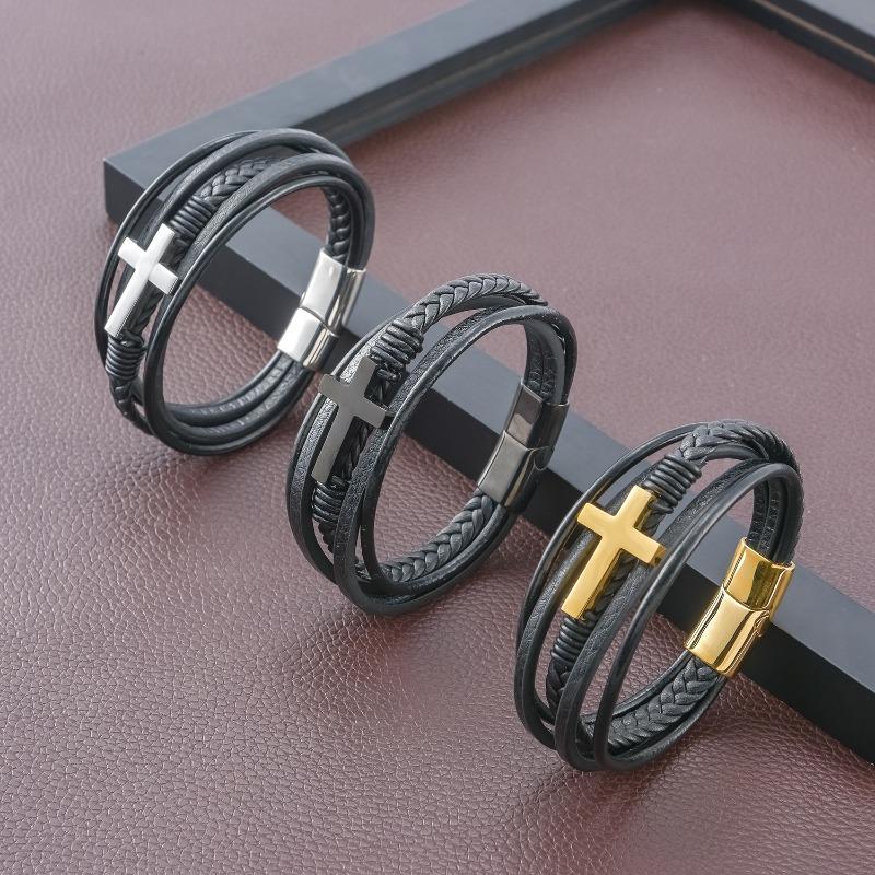 Mary Accessories, Stainless Steel Cross Fashion Bracelet Personalized Multi-layer Woven Leather Bracelet Men