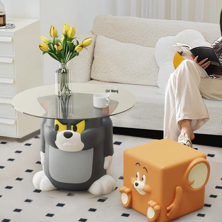 Tom & Jerry Cartoon Glass Side Table & Stool Set