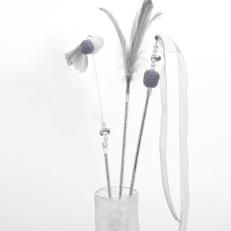 Simulation Feather Interactive Cat Toy Satin Ribbon Bell Cat Stick Toys Kitten Playing Teaser Wand Supplies Accessories