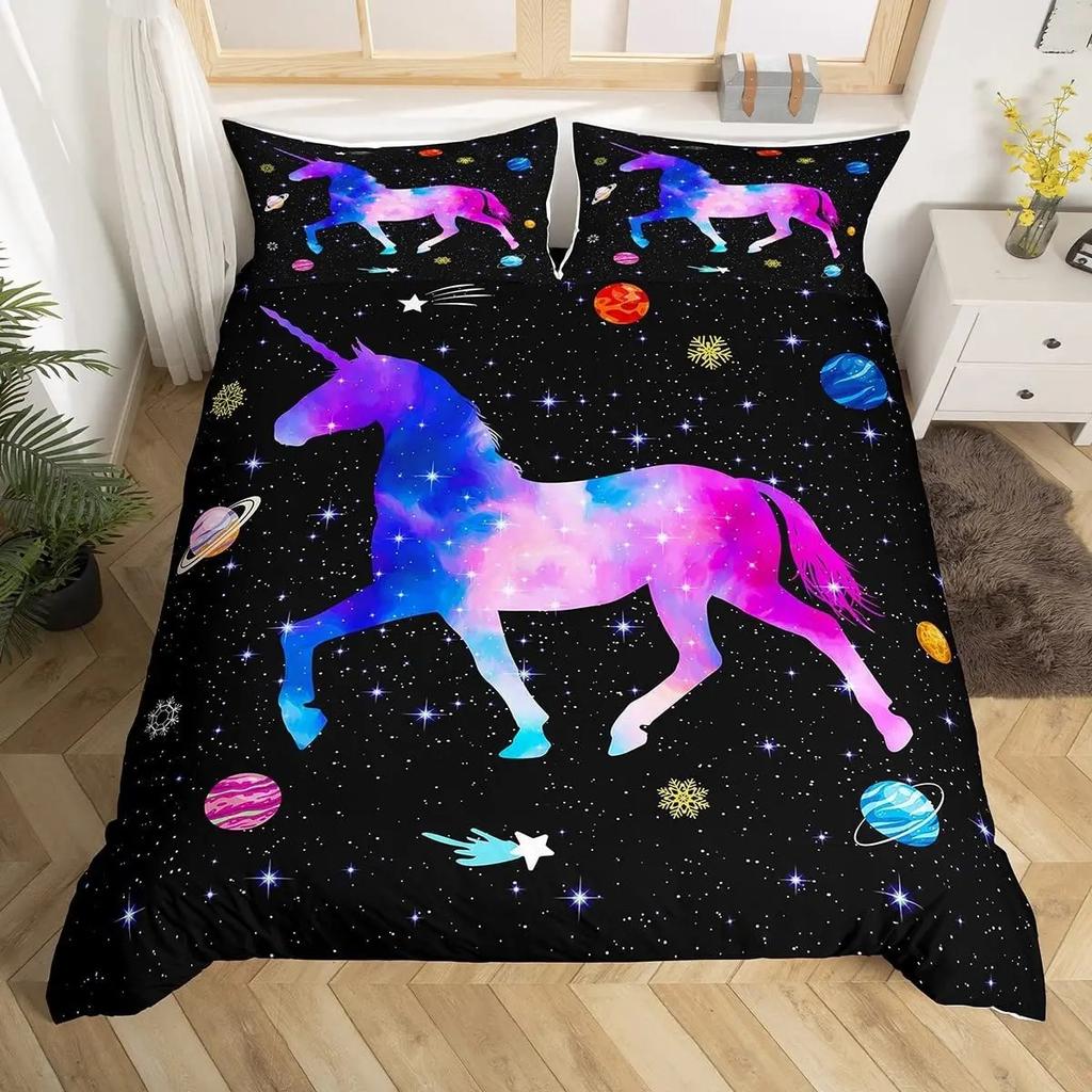 Comforter Kawaii Cartoon Unicorn Girly Fantasy Star Moon Galaxy Bedding Set Twin Queen Size Microfiber Comforter