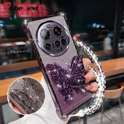Wstrząsoodporne etui z brokatowym galwanizowaniem dla Xiaomi 15 Ultra 14 14T 13 12 11 Pro Lite uchwyt na telefon motyl 3D bransoletka z koralików tylna okładka