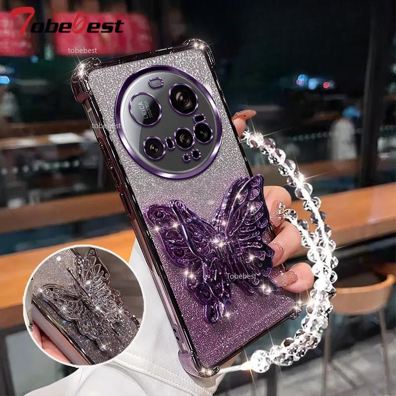 Shockproof Glitter Plating Case for Xiaomi 15 Ultra 14 14T 13 12 11 Pro Lite 3D Butterfly Phone Holder Bead bracelet Back Cover