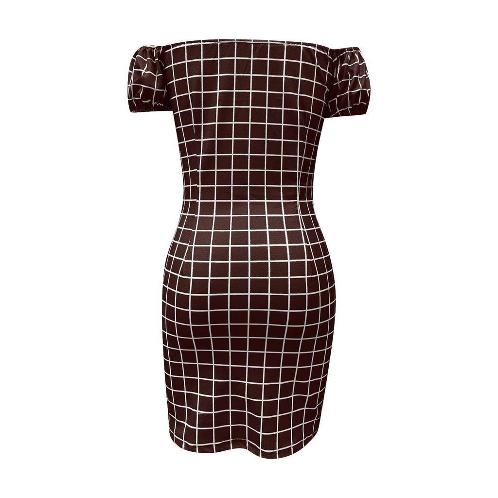 Women's Sexy Bag Hip Lace-up Dress Plaid Print Leaky Shoulder Fashion Short Skirt
