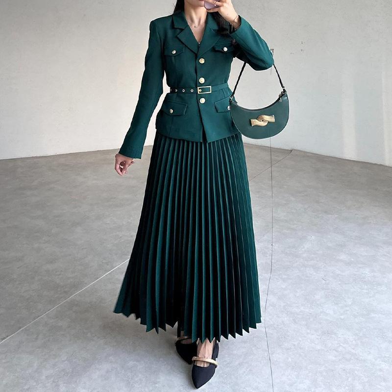 2025 spring new European, American Amazon foreign trade cross-border solid color temperament lapel suit pleated skirt set