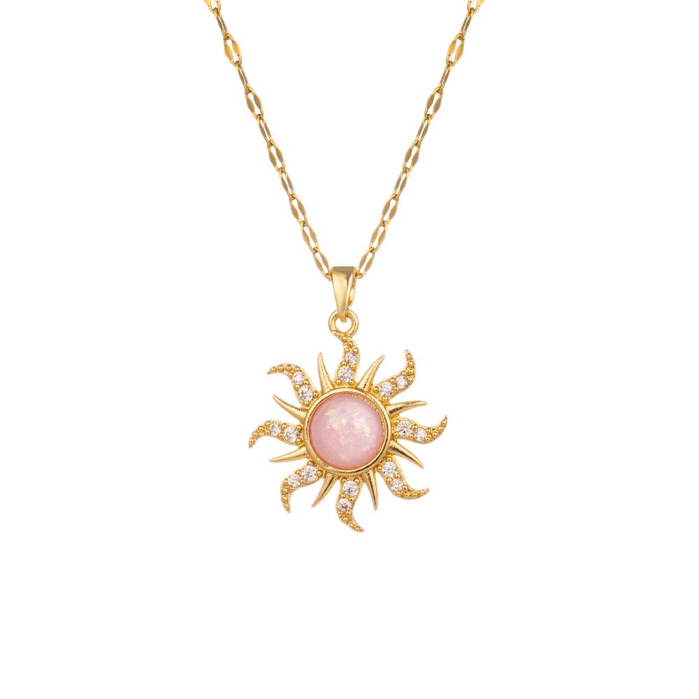 DIEYURO 316L Stainless Steel Pink Sun Flower Zircon Pendant Necklace For Women New Trend Fashion Neck Jewelry Glamorous Gift