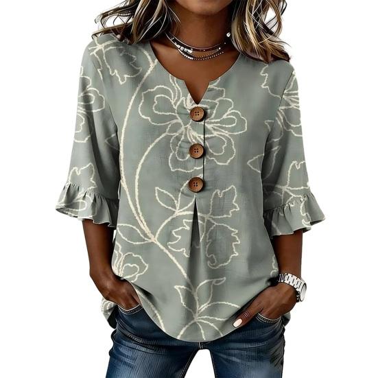

Yousheng Women T-shirt Regular Fit V-Neck Half Sleeve Summer Tee 3D Digital Flower Print Pullover Tops Daily Wear S I
