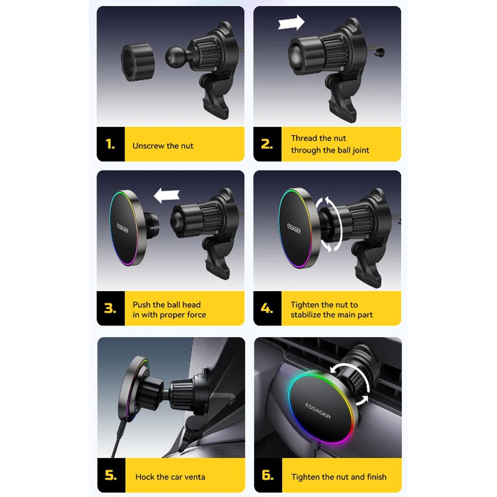 Essager 15W Magnetic Wireless Car Phone Holder Adjustable 360 Degrees Car Charger For iPhone 16 15 14Pro Samsung Universal Phone