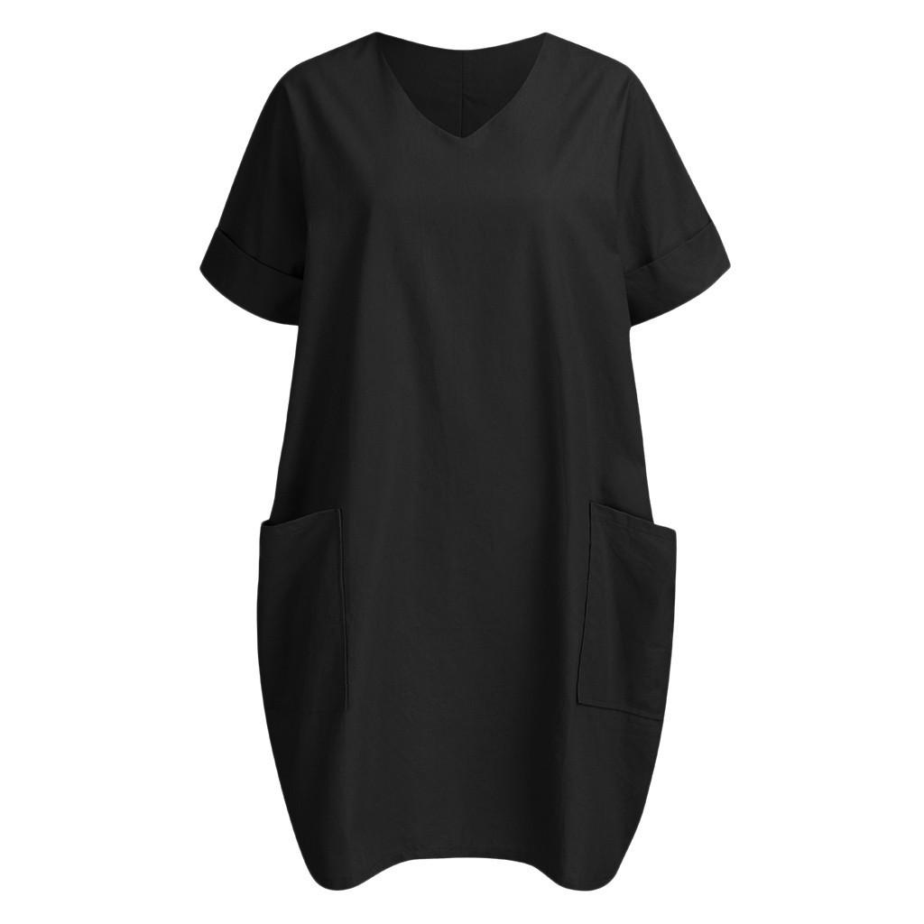 V-neck Short Sleeve Cotton Linen Summer Dress with Pockets