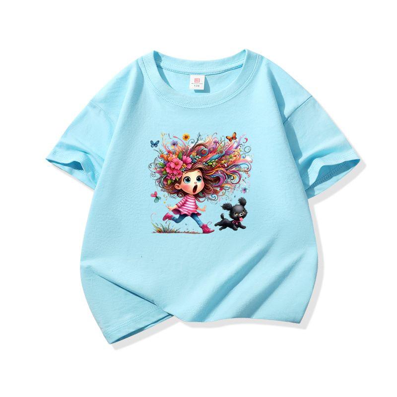 Kids Cotton T Shirt Colorful Hair Girl Running With Black Puppy Print Crew Neck Short Sleeve Tee Casual Boys Girls Summer Tops