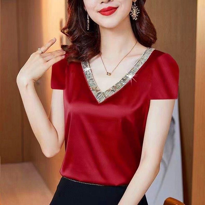 Women's Summer V-neck Short Sleeve Loose T Shirt Elegant Beautiful Temperament Top