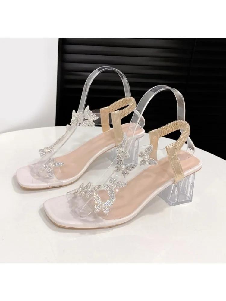 

Модные туфли размера 42 из ПВХ с украшением в виде бабочки, толстый каблук, открытый носок, эластичная лента сзади, элегантные модные летние женские сандалии 35