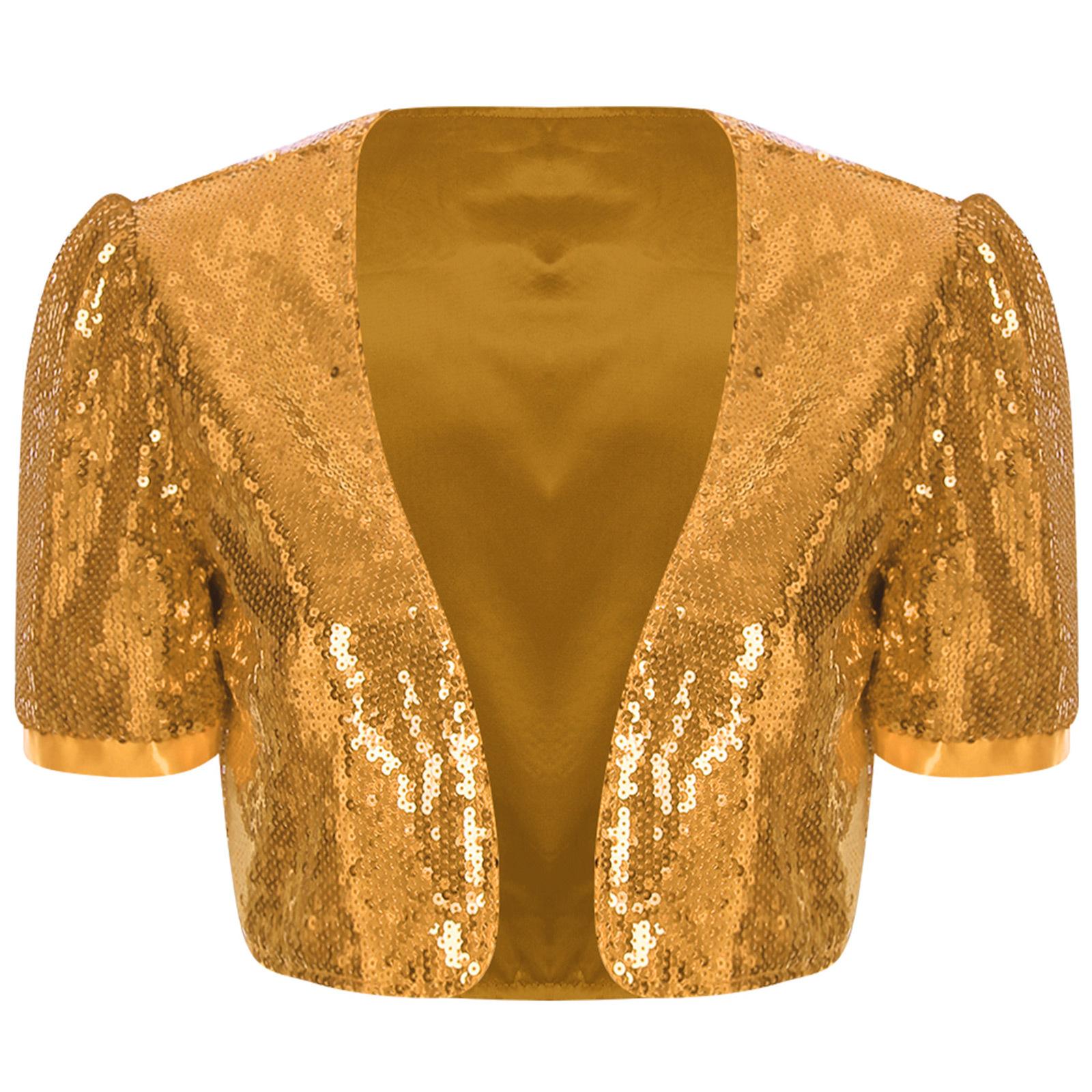 

Жіноча блискуча куртка з паєтками, кроп, з короткими рукавами, відкрита спереду, блискучий клубний одяг для вечірок, верхній одяг, вечірня накидка XXL золотий