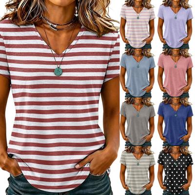 Women V Neck Casual Top Short Sleeve Plaid Checkered Pattern Lightweight Blouse for Everyday Wear and Outdoor Activities