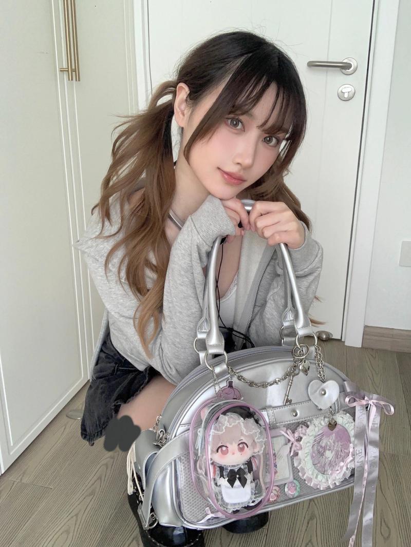 

JIAERDI Japanese Silver Ita Bags Women Sweet Cool Girls Pu Leather Bowling Bag Handbag Female Harajuku Aesthetic Underarm Bag