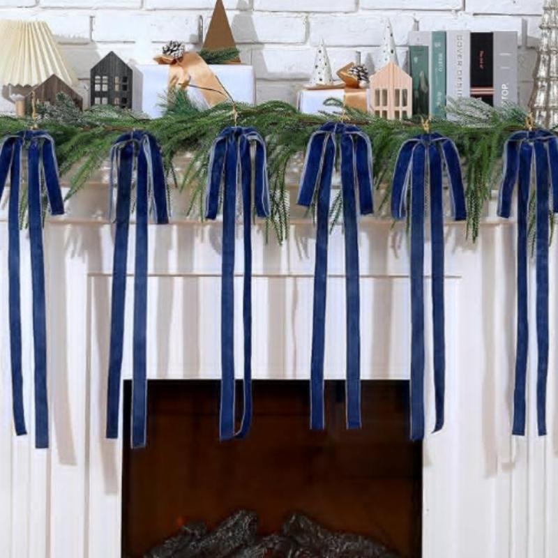 

Vintage Christmas Tree Topper Glowing Velvet Swag Bow Christmas Staircase Bows Decorative Christmas Bows For Staircase Holiday 17cm синій