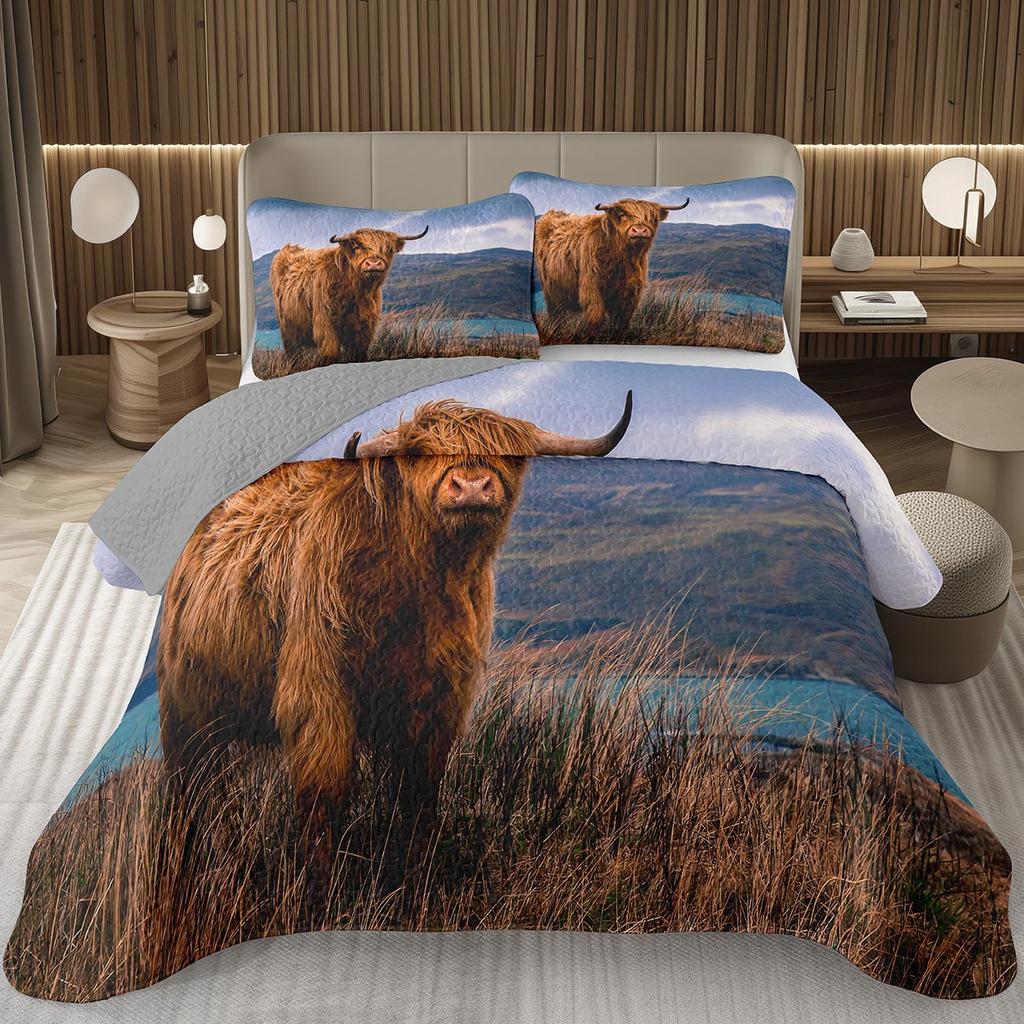 Hochlandkuh Tagesdecke Twin/King Bauernhoftier Stier Rind Überwurf Rustikaler Landhausstil Gestepptes Bettwäscheset Wendbare Tagesdecken