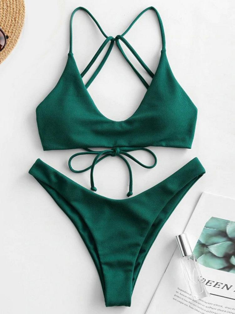 

Женские пляжные наряды Купальник 2025 Новый летний набор бикини Сексуальный однотонный на шнуровке Стринги Открытая спина Бикини Бикини для отпуска Купальник L зелёный
