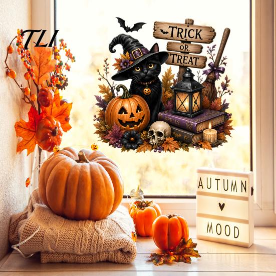 Static Cling Decals Halloween Witch/Black Cat Glass Stickers, Double-sided PVC Waterproof Window Clings, Removable Decor with Pumpkins Skulls