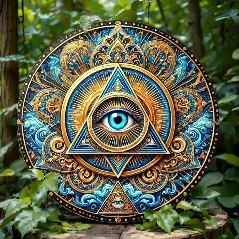 Mystic Eye of Providence Metal Tin Sign 8x8 Inch Vintage Round Wall Art BOHO Rustic Home Decor Hanging