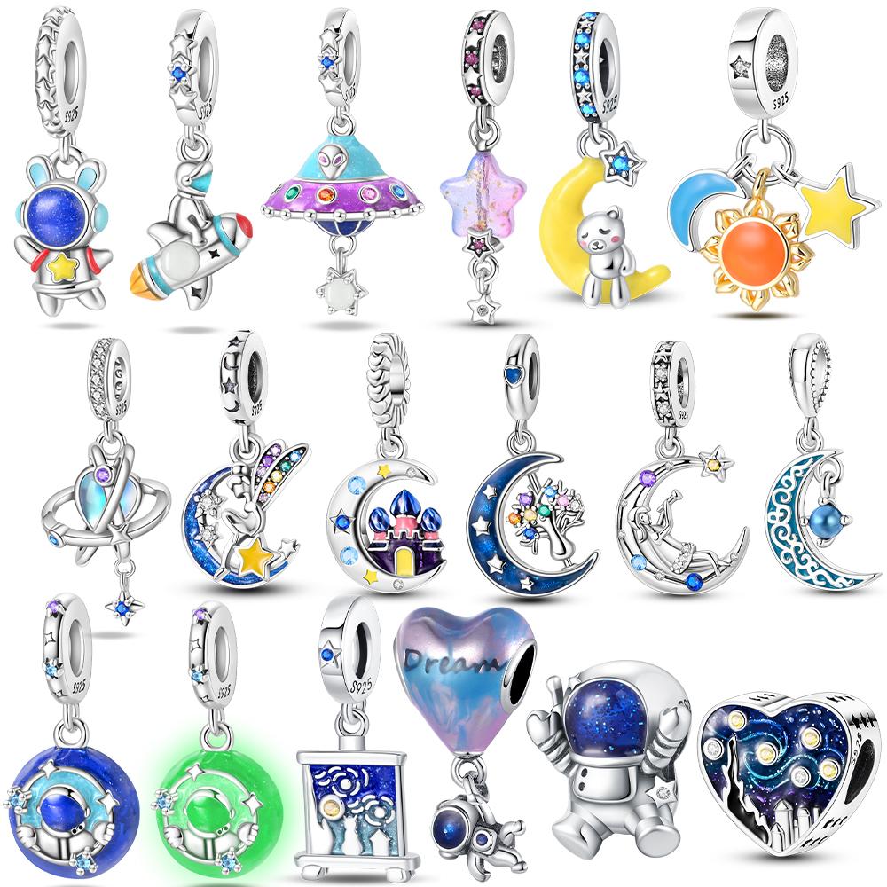 Original Charms Copper Blue Moon Stars Sun Rockets Astronauts Hearts Beads Fit Bracelet Women Diy Romantic Gift Jewelry