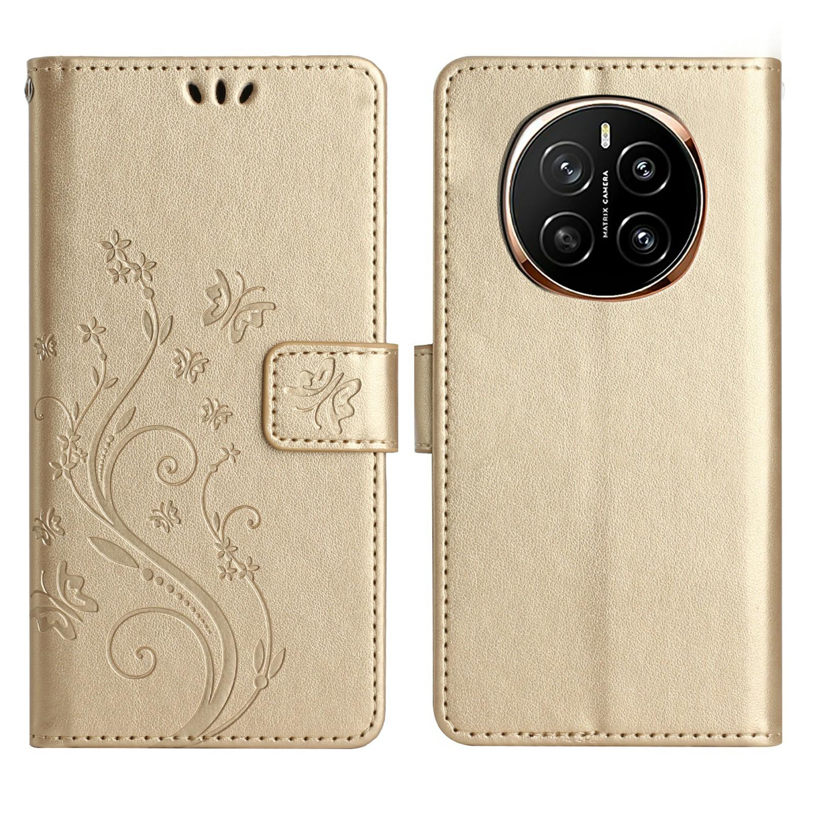 

For Honor Magic7 5G Leather Wallet Case Butterfly Flower Imprinted Phone Cover with Strap Gold